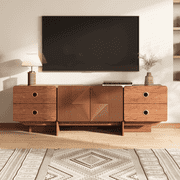 JOINICE TV Stand for TVs up to 75 Inch,Wood Entertainment Center with Drawers and Doors,Boho Media Console Cabinet,Mid-Century Modern,Cherry