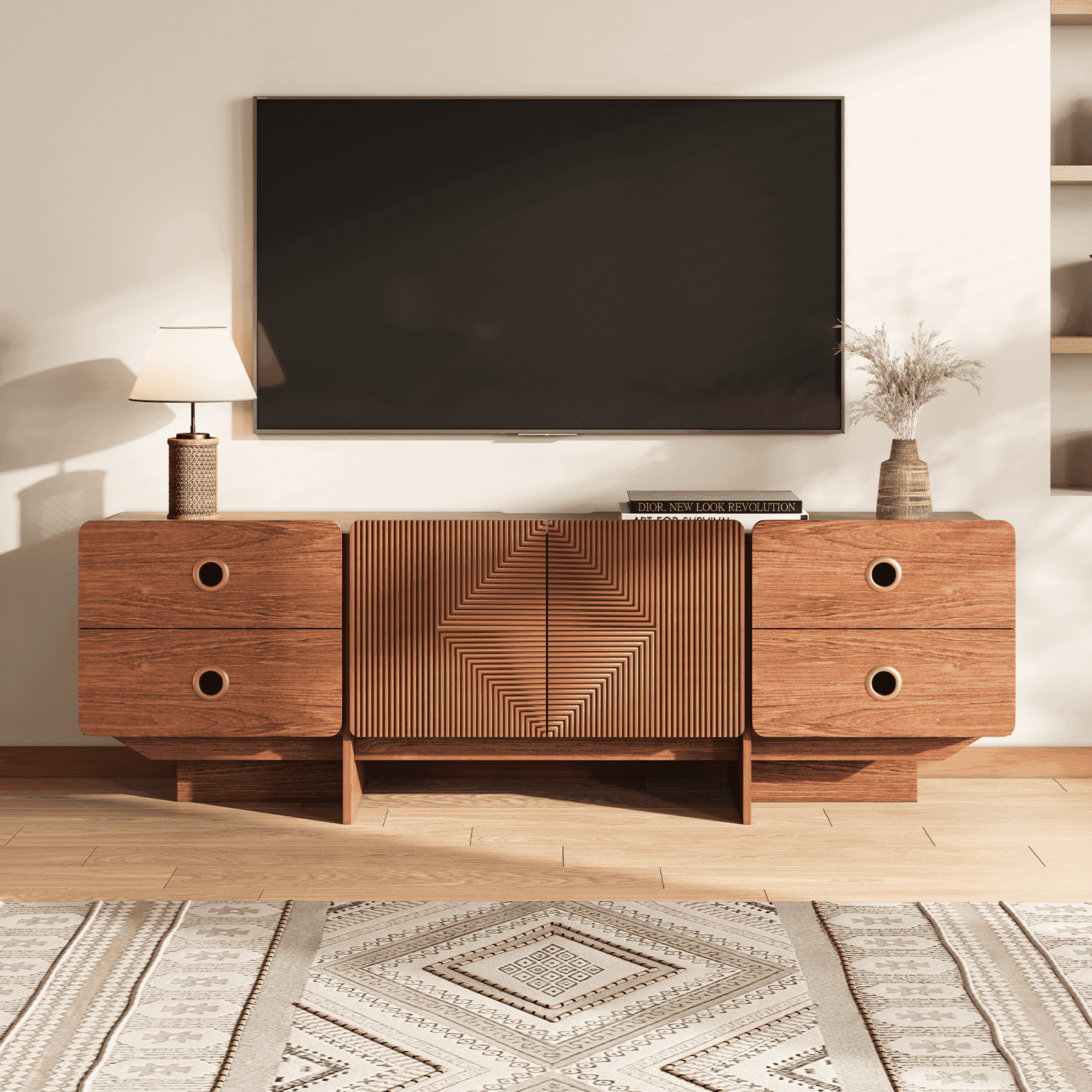JOINICE TV Stand for TVs up to 75 Inch,Wood Entertainment Center with Drawers and Doors,Boho Media Console Cabinet,Mid-Century Modern,Cherry