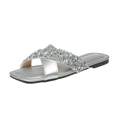 

Youmylove Women Slide Slippers Fashion Summer Sequins Decorative Leather Open Toe Flat Casual Slippers Comfort Cozy Leisure Daily Walking