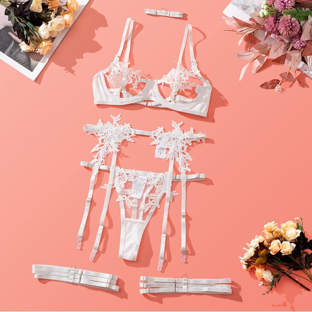 Conjunto de sujetador y ropa interior sexy con perspectiva de malla y bordado soluble en agua para niñas de Europa y Estados Unidos
