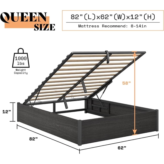 Lift Storage Bed, Bed Frame with Under-Bed Space, Dark Oak Wood Platform Frame