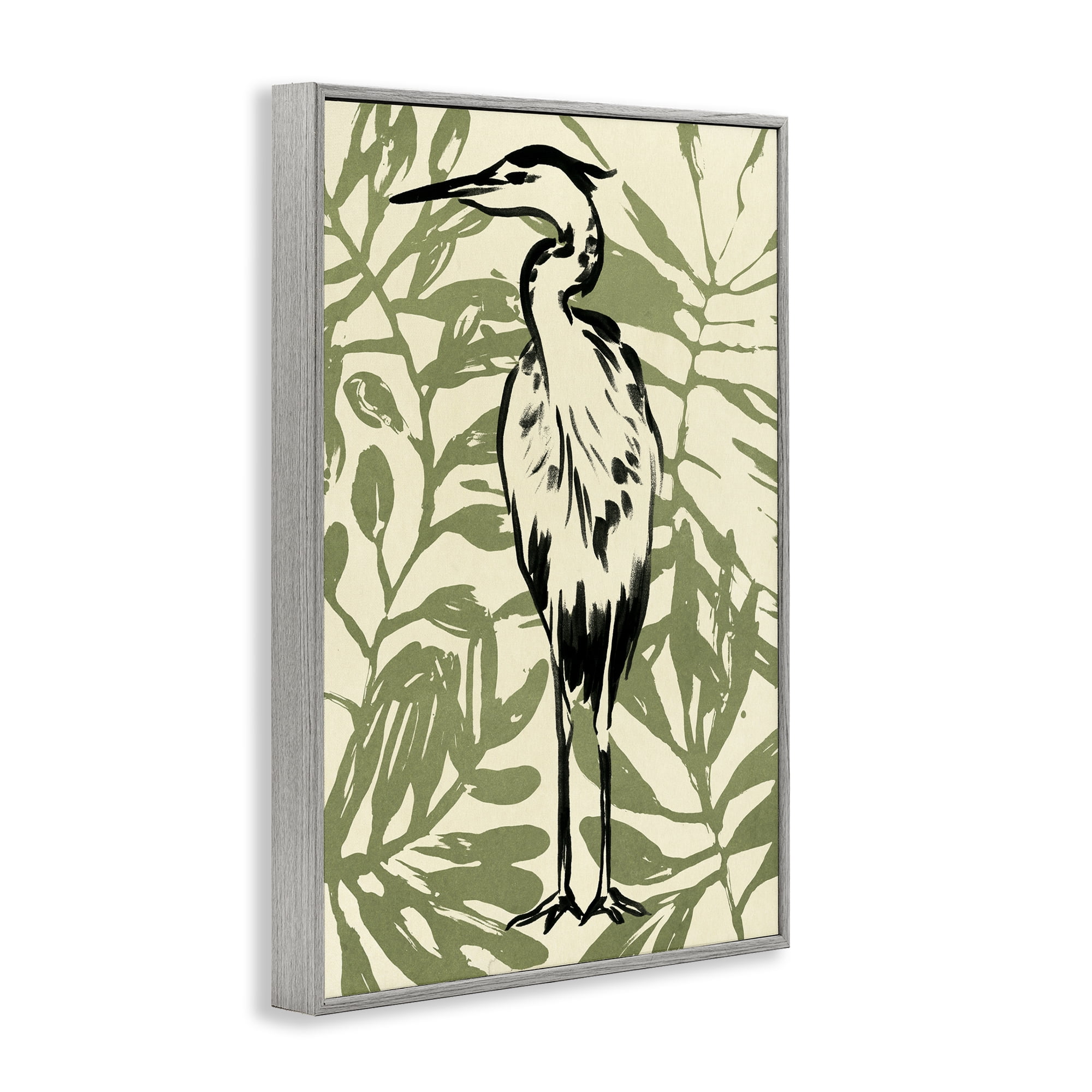 Stupell Industries Wild Heron & Leaves Animals & Insects Painting Gray Framed Art Print Wall Art, 12 x 18