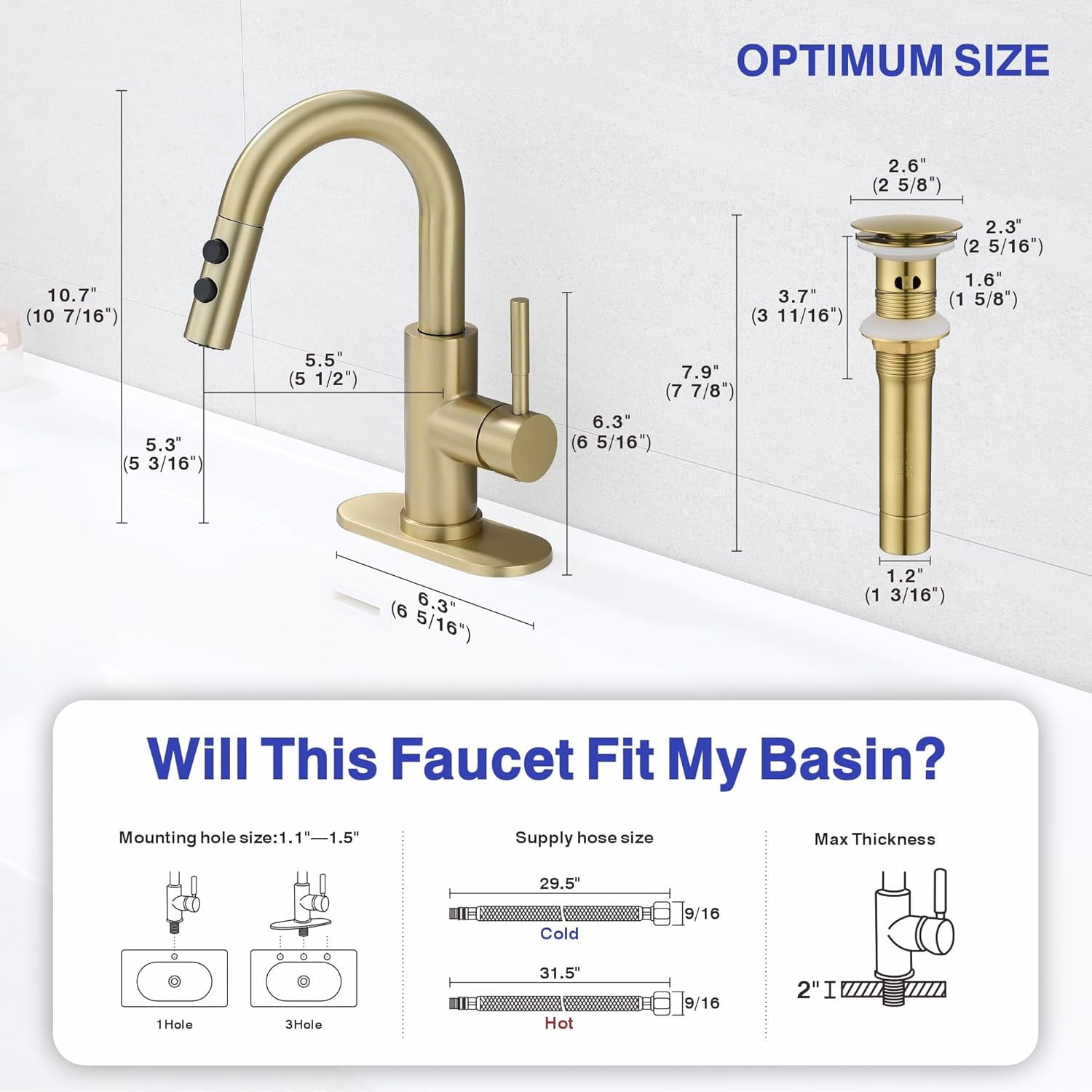 Bathroom Sink Faucet with Pull Down Sprayer, Brushed Gold Single Handle Pull Out Faucet with Pop-Up Drain, 1 or 3 Hole Laundry Bar Basin Faucet with Deck Plate, KBL-7002BG-CL