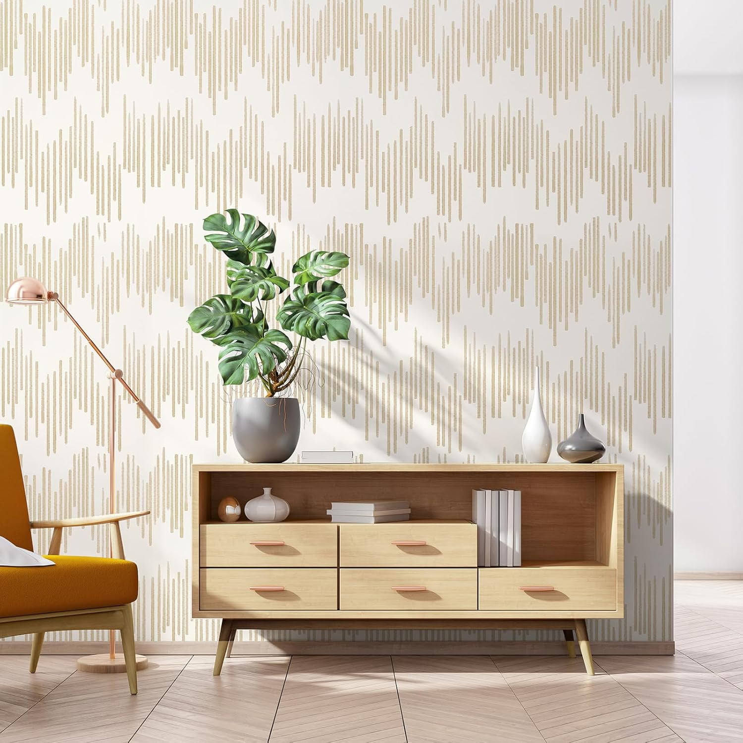 DAZLUTE Peel and Stick Wallpaper Beige Striped Wallpaper Geometric Contact Paper Self Adhesive Removable Wall paper Decorative for Home Bedroom Cabinets Thicken,17.32 in x 394 in