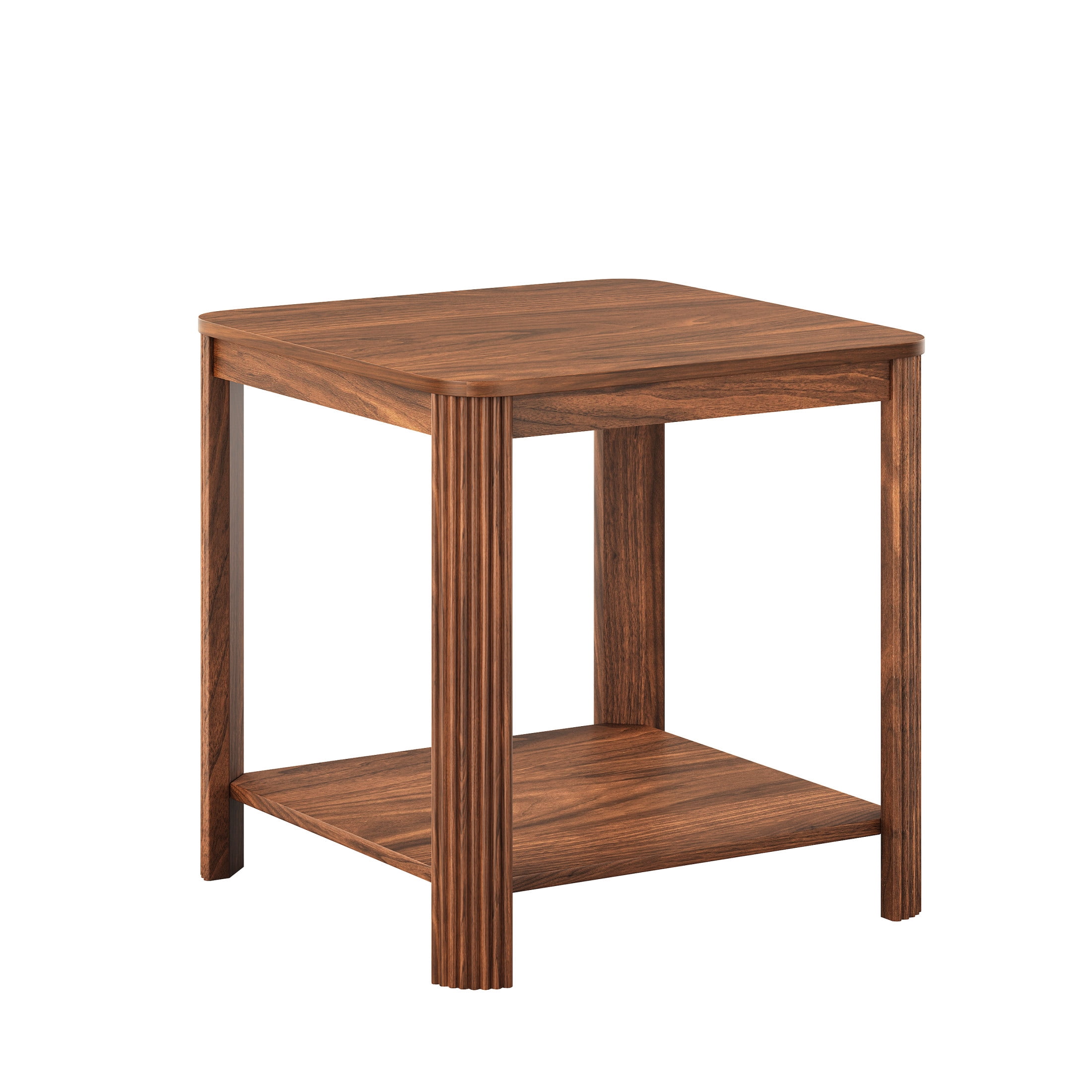 Noble House 22.1-Inch Boho End Table with 2-Tier Open Shelf, Rounded Corners, Vertical Wave Grain Legs, Walnut