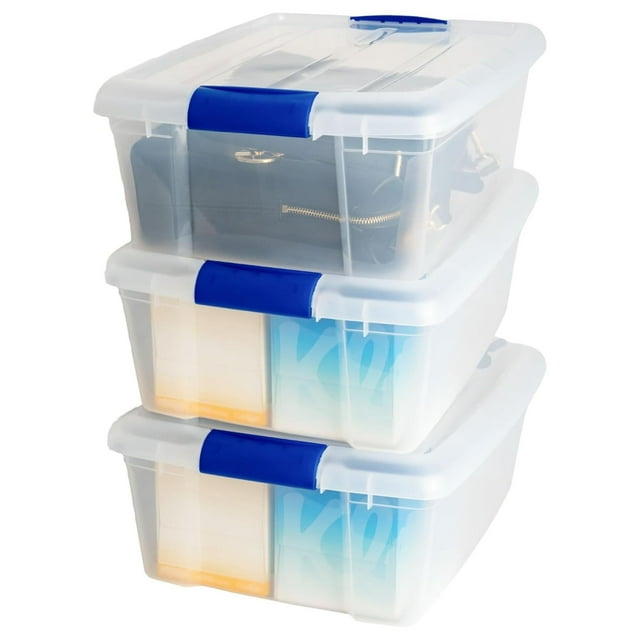 Caja de Almacenamiento Apilable, Pack de 3, para Organizador Armario, Juguetes, Ropa, con Broche y Tapa Duradera, 15 Litros de Capacidad, Transparente