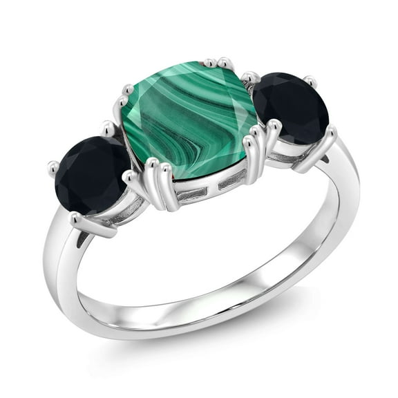 Gem Stone King 925 Sterling Silver Green Malachite and Black Onyx 3 Stone Engagement Ring for Women (3.95 Cttw, Gemstone, Cushion 8MM, Size 5)