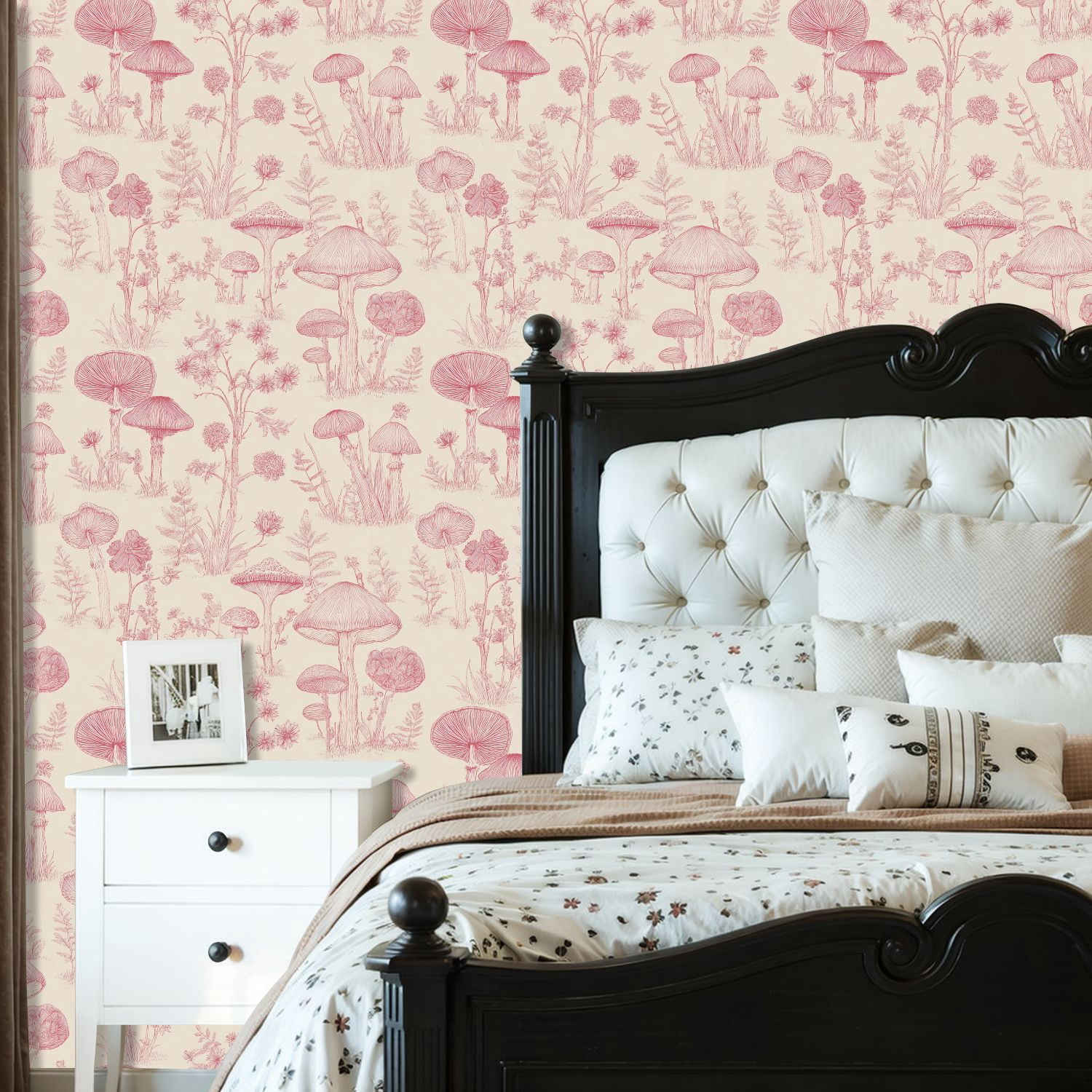 Boho Peel and Stick Wallpaper Detailed Botanical Mushroom Soft Pink Hues Wall Mural 23.6in x 9.8ft Self Adhesive Removable Wall Paper Renter Friendly Wallpaper for Bedroom Kitchen Farm