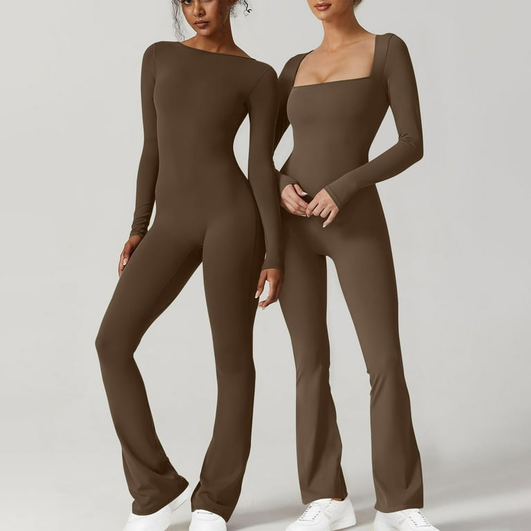 Jngsa Long Sleeve Jumpsuits for Women Crew Neck Wide Leg Full Length Romper Playsuit Spring Fall Tight Women s Size Small Brown