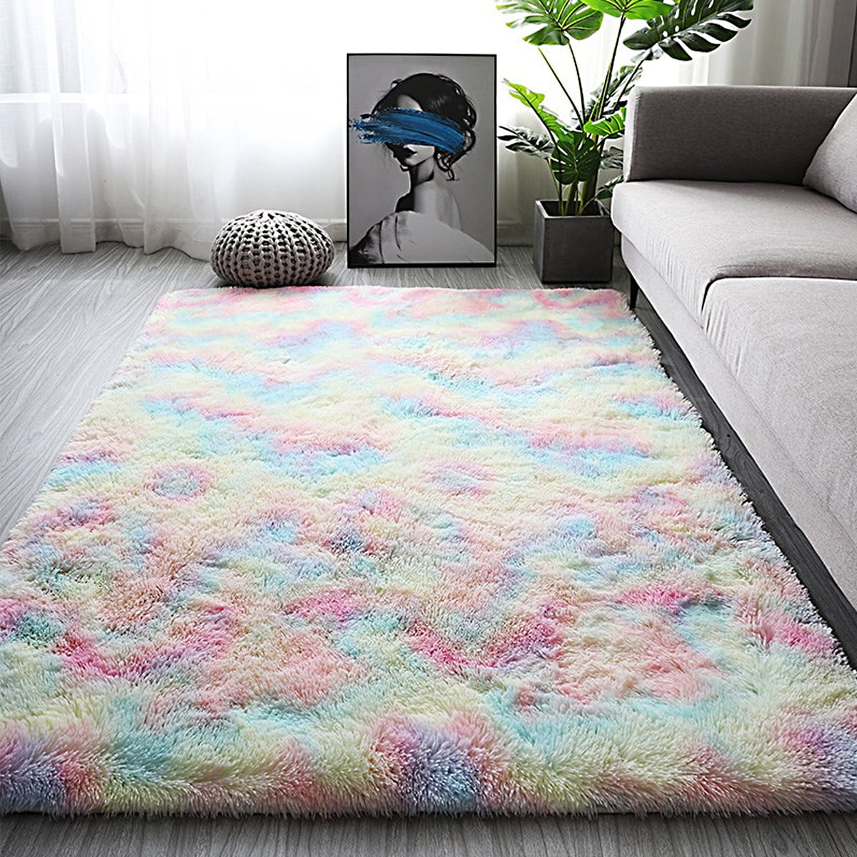 63x90" Shaggy Area Rugs Fluffy Tie-Dye Floor Carpet Soft Room Rug Rainbow