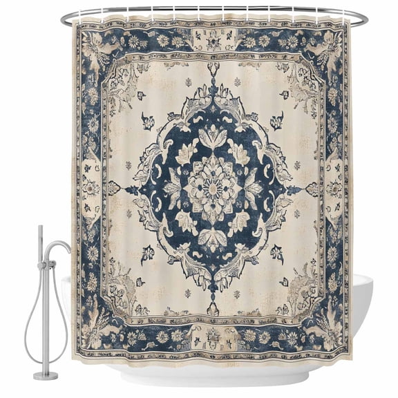 Navy Blue Boho Shower Curtain Set - Long 72" x 84" Washable Bathtub Curtain with 12 Hooks, Retro Southwestern Ethnic Geometric Waterproof Fabric Stall Shower Curtains for Bathroom/Bathtub Décor
