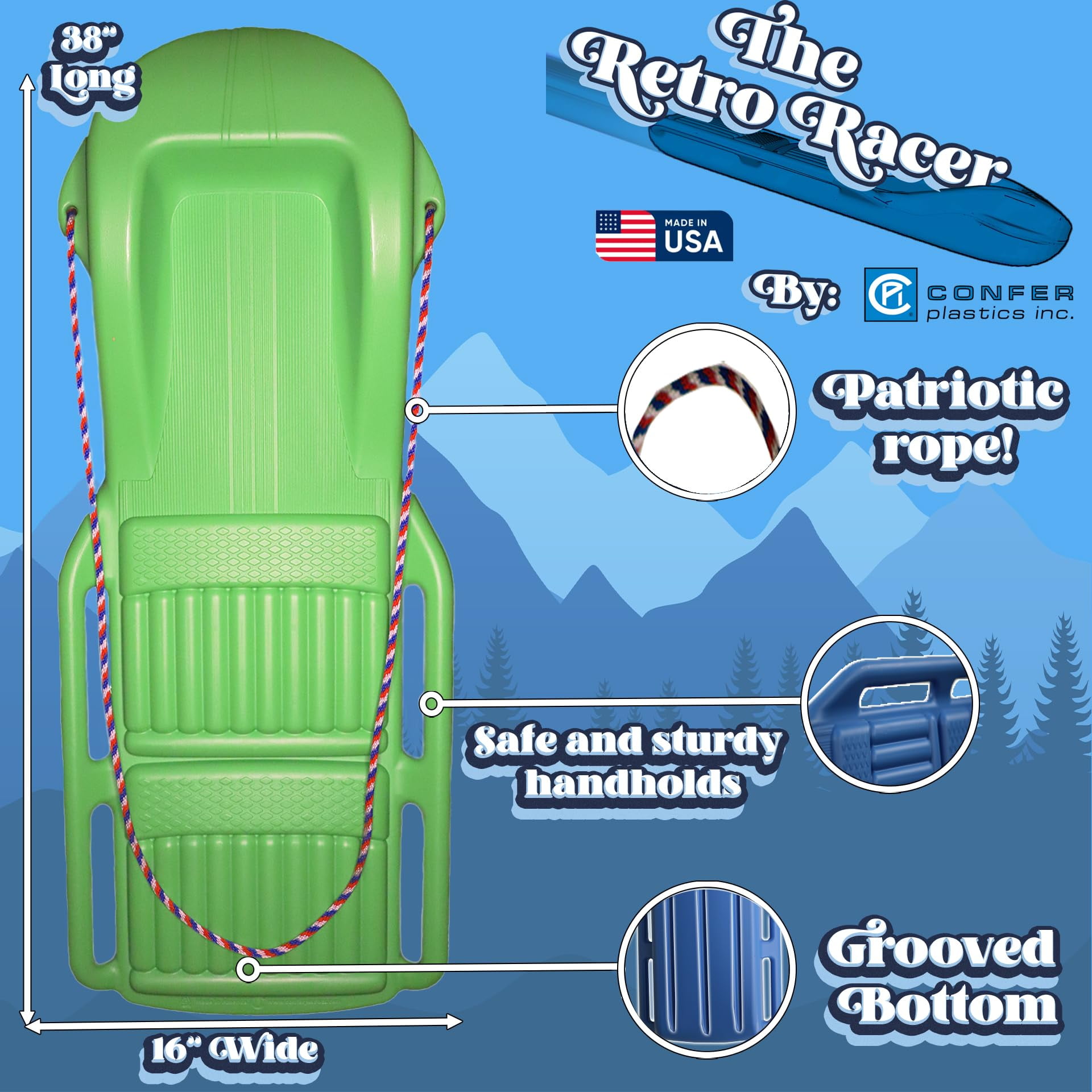 The Original Retro Racer Snow Sled by Confer Plastics, Green Glider Color, Durable Design for All Ages, Made in USA, Available as a Single Sled for Quick Rides