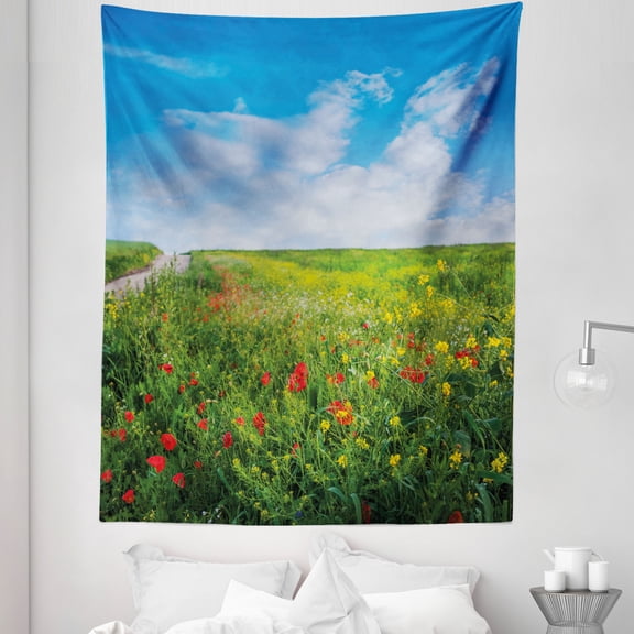 Nature Tapestry, Summertime Landscape Meadow Flowers Daytime Sky Wild Field Picturesque, Fabric Wall Hanging Decor for Bedroom Living Room Dorm, 5 Sizes, Sea Blue and Fern Green, by Ambesonne
