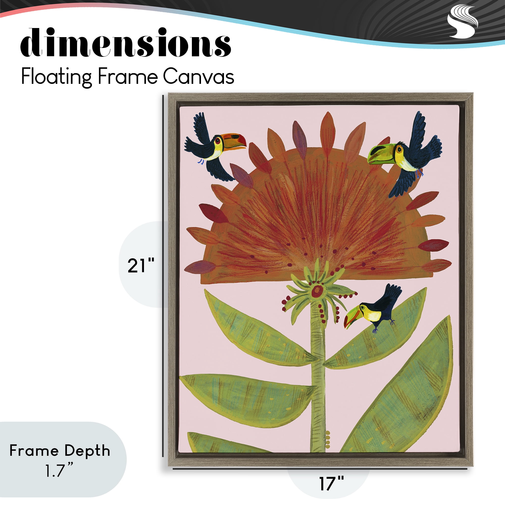 Stupell Industries Tropical Plant & Toucans Brown Framed Floater Canvas Wall Art, design by Kay Widdowson