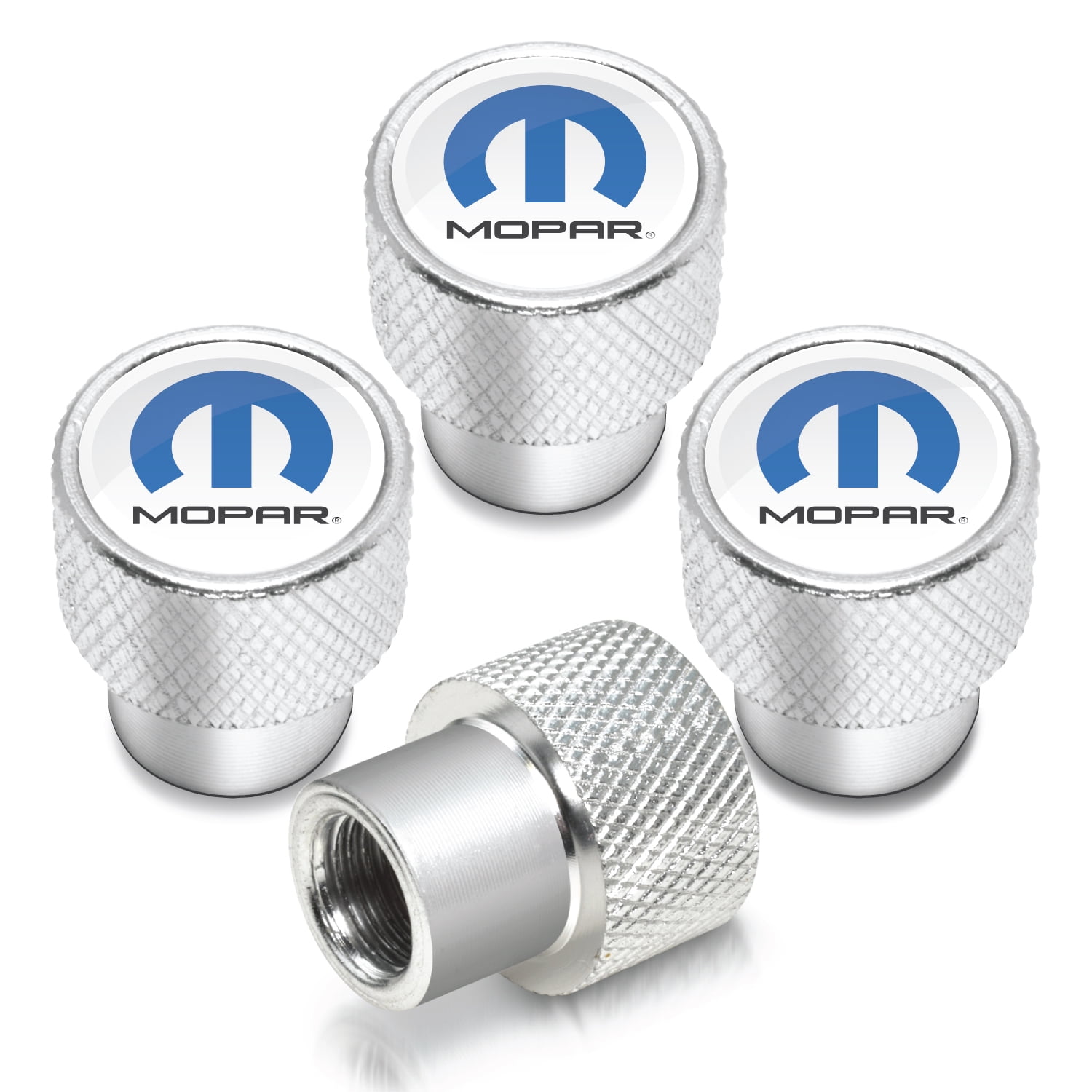 Mopar in White on Shining Silver Aluminum Tire Valve Stem Caps