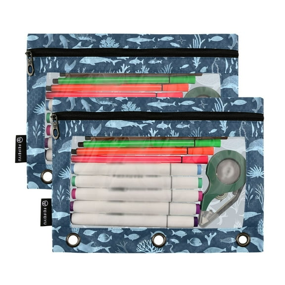 2 Pack Pencil Pouch for 3 Ring Binder Smooth Zipper Folders with Pockets Clear Window Pencil Case Marine Life Silhouettes