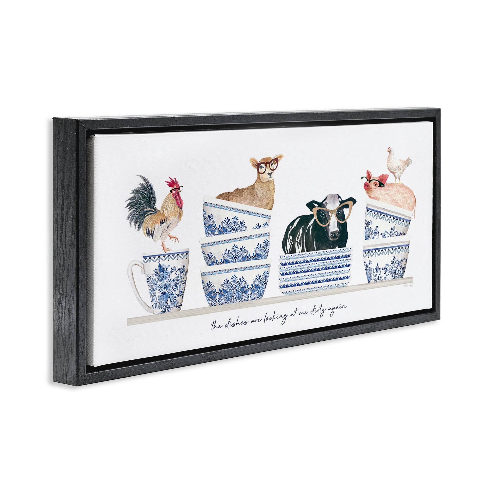 Stupell Industries Farmhouse Dirty Dishes Animals & Insects Painting Black Floater Framed Canvas Art Print Wall Art, 31 x 14