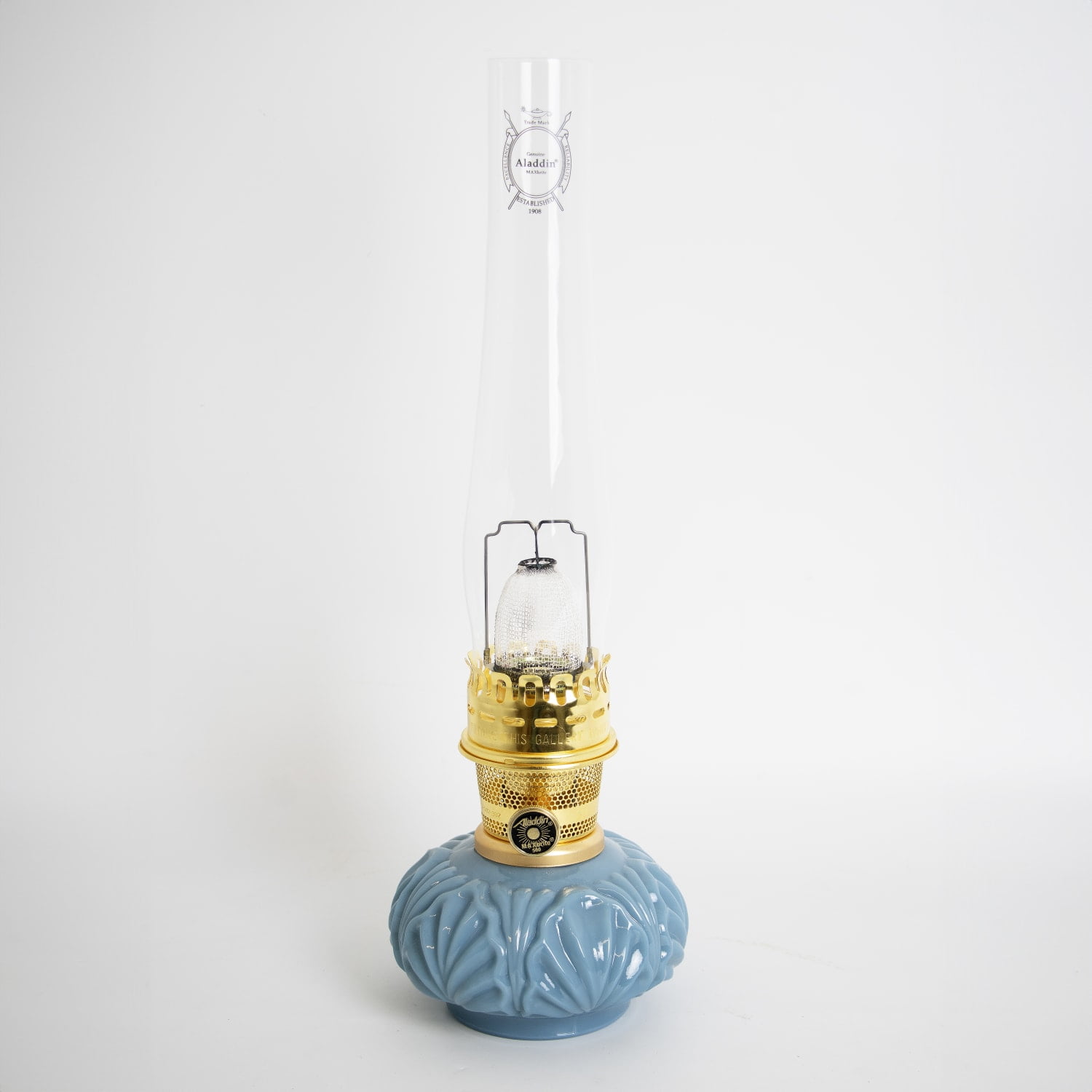 Aladdin Georgia Blue Genie II Oil Lamp for Shelf or Table, Indoor Emergency Lighting, Limited Edition in Blue Glass with Brass Burner