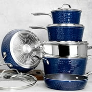 Granitestone Hammered Diamond Infused 10 Pc Pots and Pans Set Non Stick, Reinforced Aluminum Ultra Durable cookware Set w/ Stay Cool Handles, Frying Pans, Skillets, Oven & Dishwasher Safe, Navy