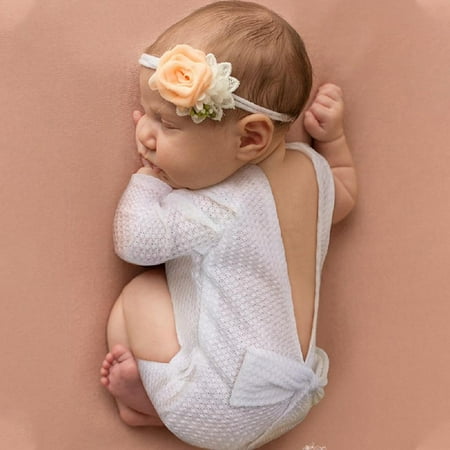 

Newborn Baby Knit Long Sleeves Backless Jumpsuits Lace-up Bow Romper Outfits Photography Clothing Prop