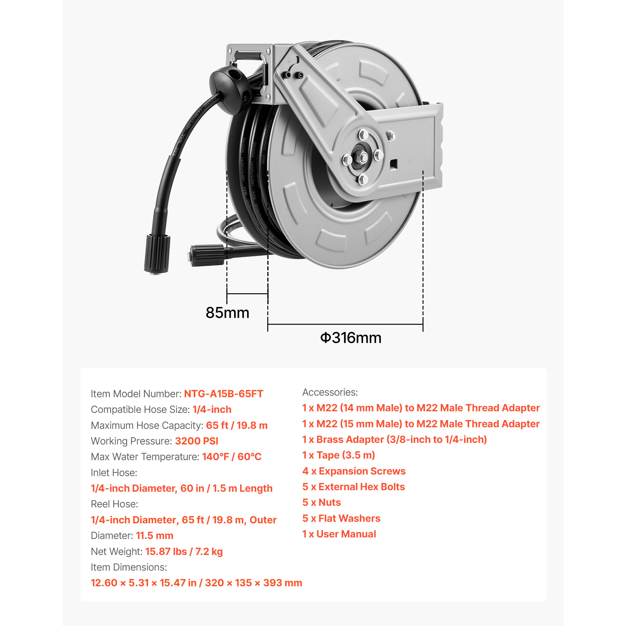 KFFKFF Retractable Pressure Washer Hose Reel, 65 ft x 1/4 inch Heavy-Duty Steel, 3200 PSI Max, Auto-Rewind, Wall/Floor Mount for Cleaning Cars, Gardens, and Floors