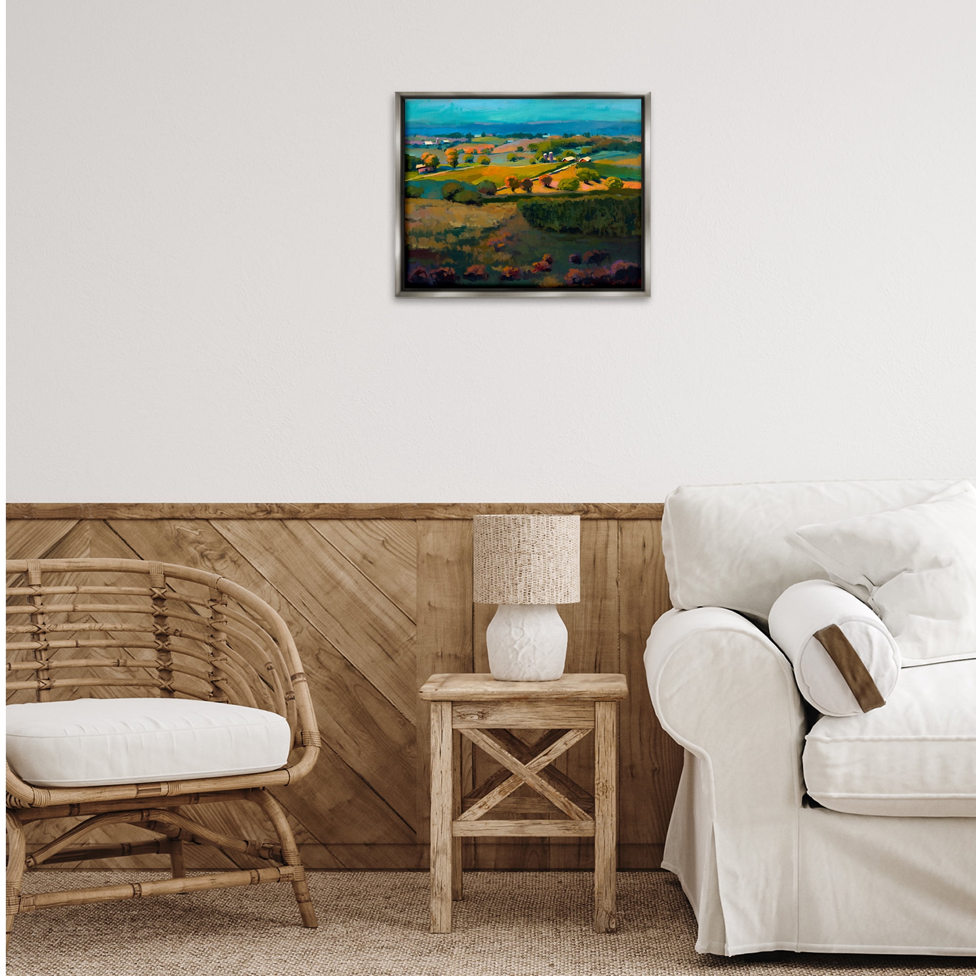 Stupell Industries Countryside Farms Landscape Landscape & Nature Painting Gray Floater Framed Canvas Art Print Wall Art, 21 x 17