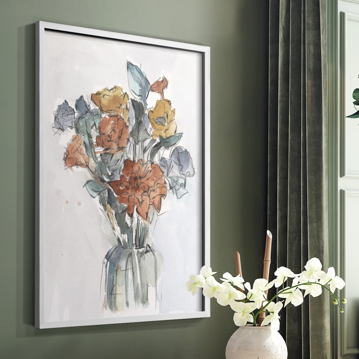 Watercolor Floral Arrangement I Framed Print in White Solid Wood 11 x 14 Framed Print