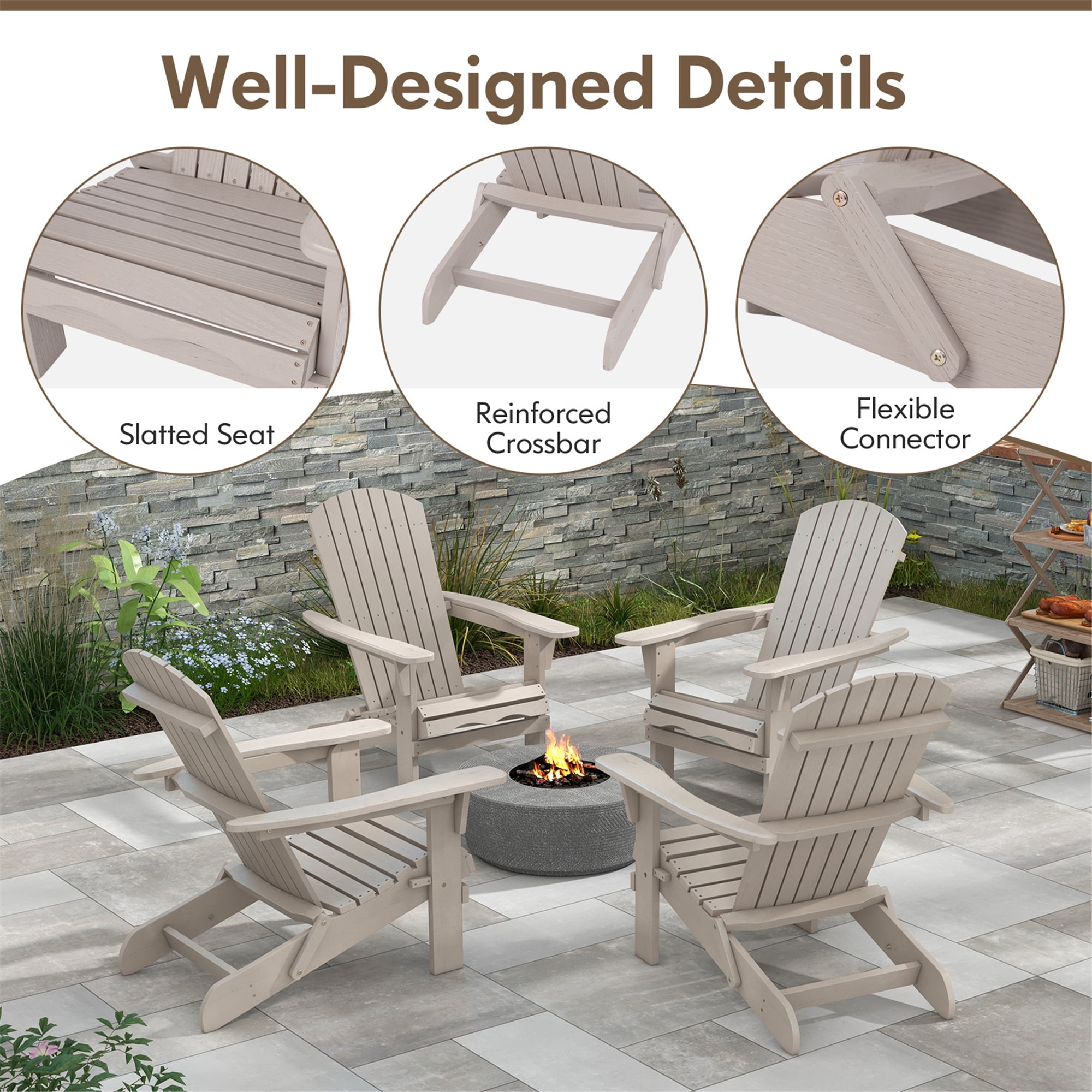 Gymax Folding Adirondack Chair Set of 2 w/ High Backrest & Wide Armrests Wooden Gray