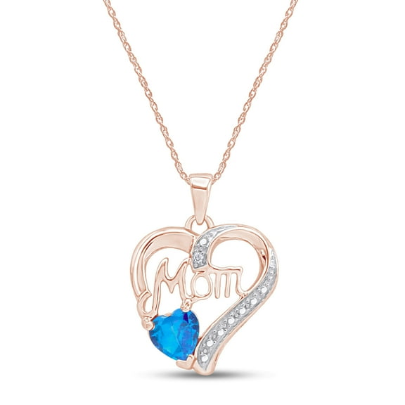 AFFY Blue Topaz & Diamond Mom Heart Womens Pendant Necklace in 14k Rose Gold Over 925