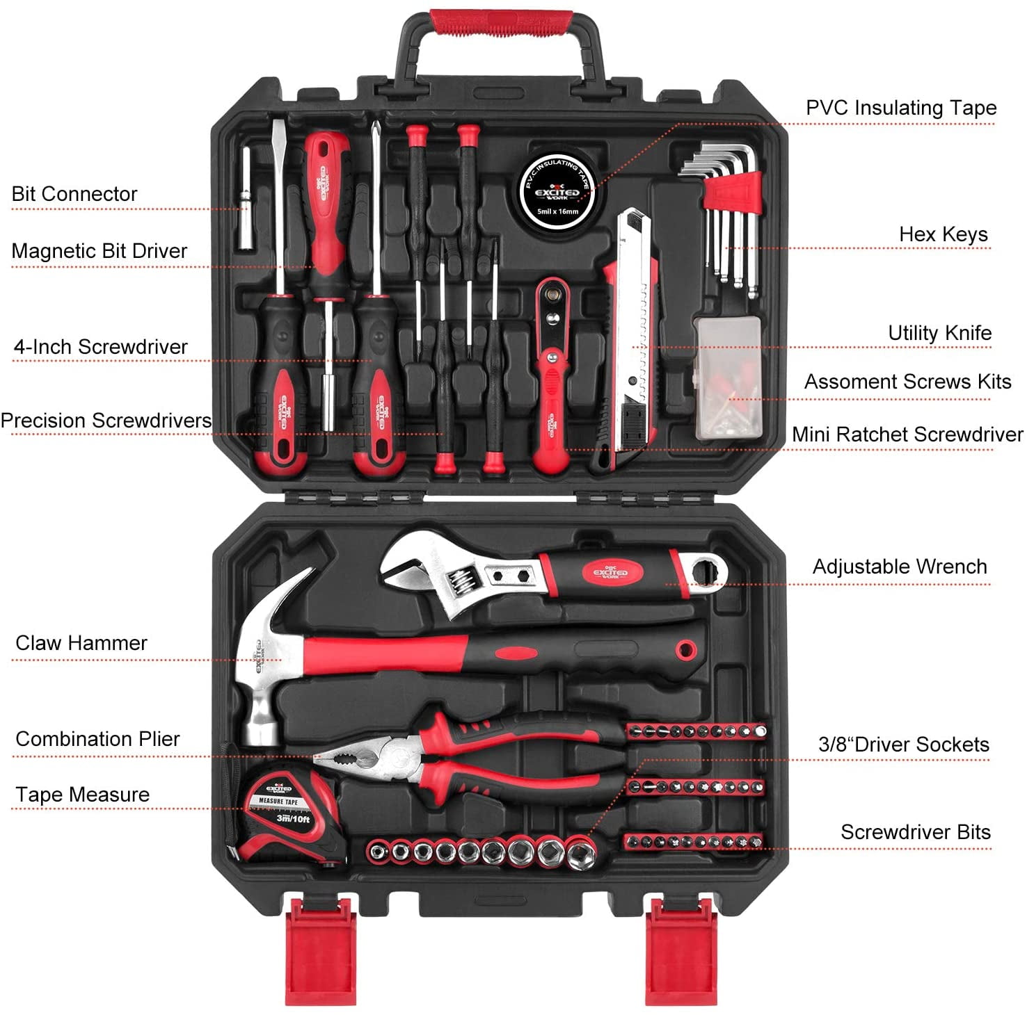 EXCITED WORK 198 Pcs Hand Tool Set, Mechanic Tools Kit with Plastic Storage  Case Wrench Screwdriver Saw for Home Maintenance ＆ Automotive Repair 