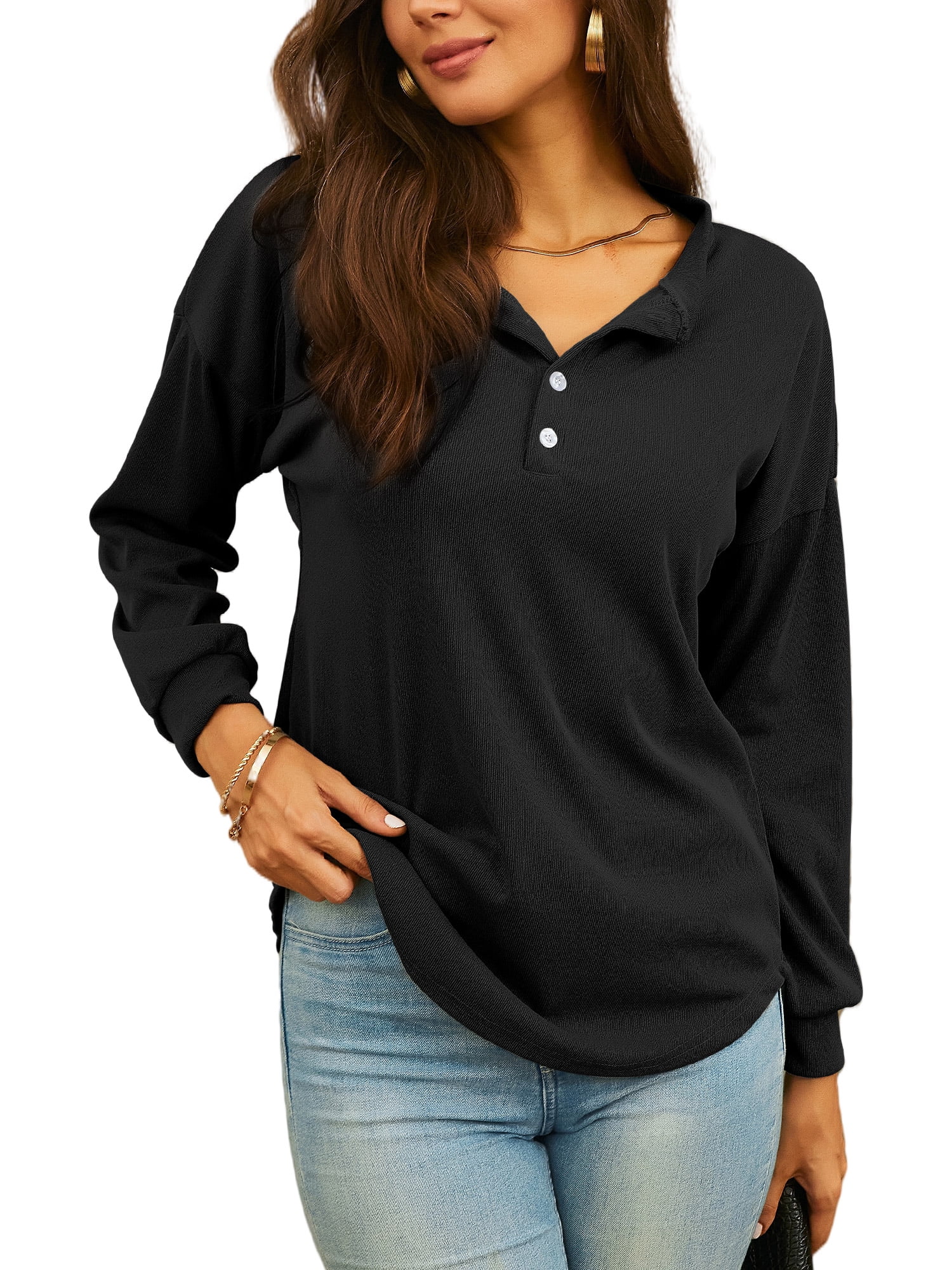 Casual Tshirt for Womens V Neck Buttons Down Shirt Loose Tunic Tops ...