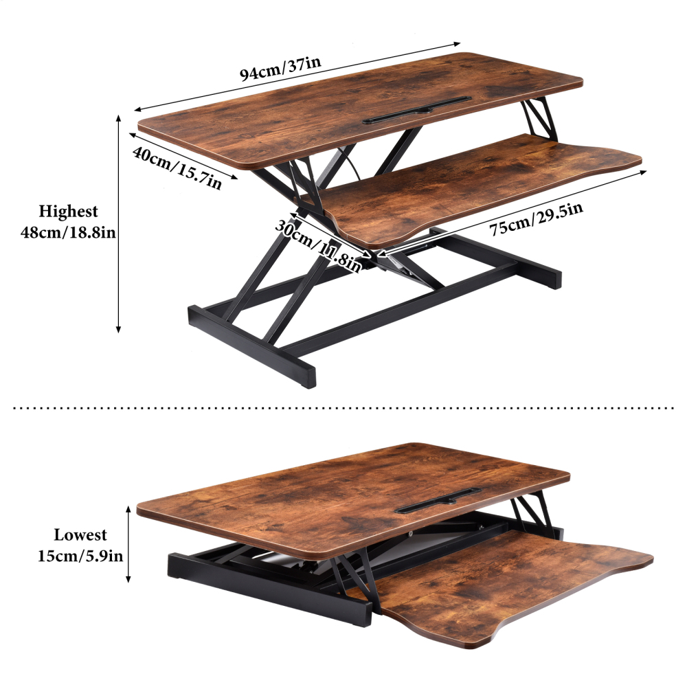 37 Inch Standing Desk Riser, Adjustable Sit to Stand Workstation with Keyboard Tray, 2 Monitor Desktop Converter for Home Office(Brown)
