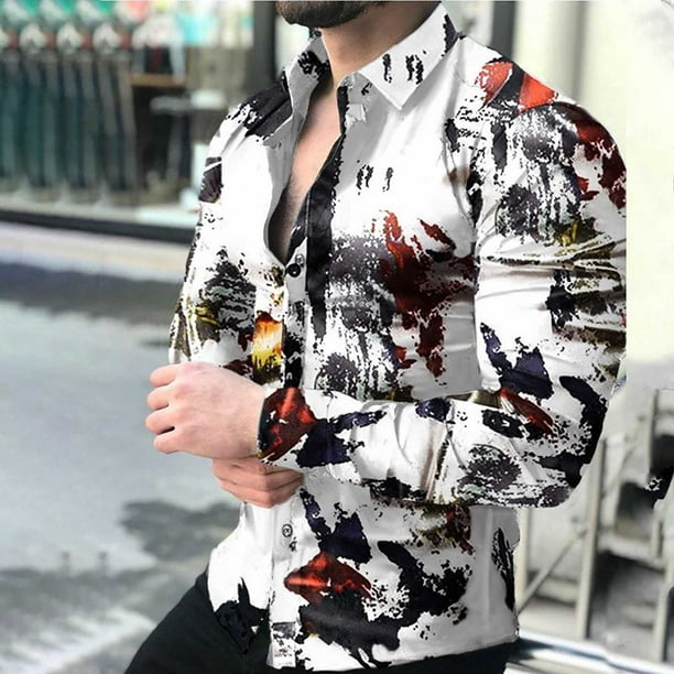 Mens Long Sleeve Floral Printed T-Shirts Casual Slim Fit Hawaiian Vaction  Cotton Button Down Dress Shirt Ropa de Hombre 