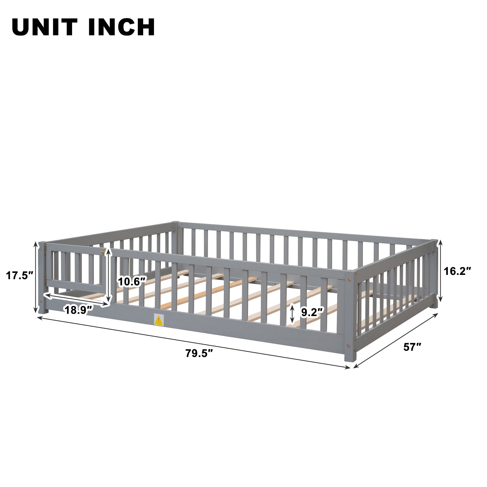 Miniyam Full Size Toddler Floor Bed with Fence, Gray