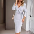 thumbnail image 6 of Women Spring Fall Dress Cross V Neck Lace-up Slim Fit Sheath Long Sleeves Knee Length Knitted Slim Fit Elastic Midi Dress Shopping Dating Dress, 6 of 7