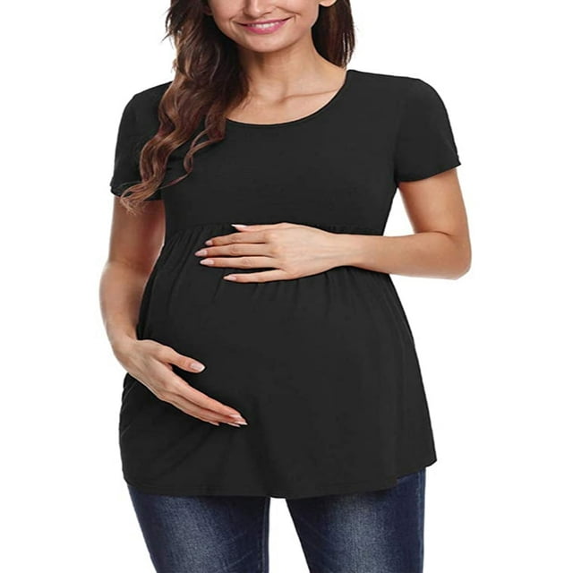 T-Shirt pour Femmes Enceintes à Rayures Imprimées à Manches Courtes Col Ras du Cou Grossesse Maternité Chandails Hauts
