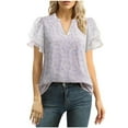 thumbnail image 3 of VBTAPA Women Tunic Tops Dressy Casual Short Sleeve Blouses Petal Ruffle Shirts V Neck Chiffon Work Business Shirt Purple XL, 3 of 7