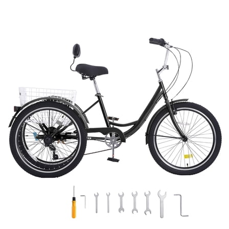 KFFKFF Adult Tricycle Bike, 7-Speed 24-Inch Three-Wheel Bicycle, Durable Carbon Steel Cruiser with Basket and Adjustable Seat, Ideal for Shopping, Picnics, and Comfortable Rides for Adults (Black)