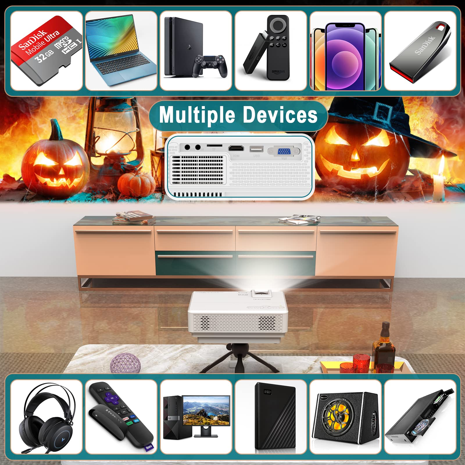 Ocatex Mini Projector, Full HD 1080P 200” Display Supported, Compatible with Smartphones, TV Stick, Video Games, DVD Player, HDMI/AV/VGA/USB for Outdoor Movies