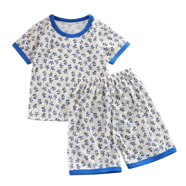 LIJCC Ensemble Léger d'Été pour Filles, Imprimé Mignon, Col Rond, Manches Courtes, T-Shirt et Short, Deux Pièces (Bleu, 3-4 Ans)