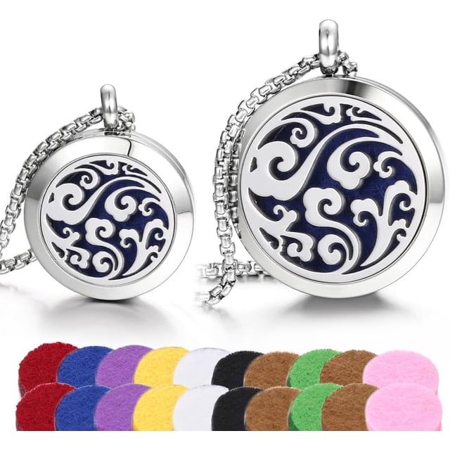 Aromatherapy Essential Oil Diffuser Necklace Tree of Life Cloud Pattern Stainless Steel Locket Pendant Christmas Birthday Gift for Women Men Teen XN059-060-2