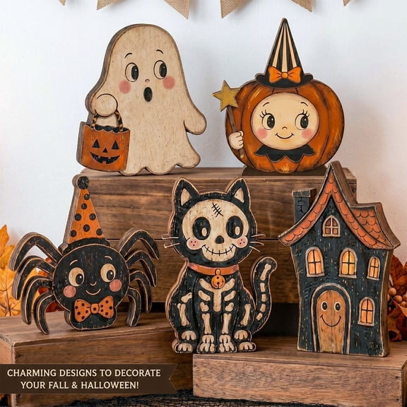 Vintage Halloween Decor for Home, Cartoon Wooden Halloween Tabletop Decorations, Indoor Rustic Wood Ornament Set for Tiered Tray & Shelf Display