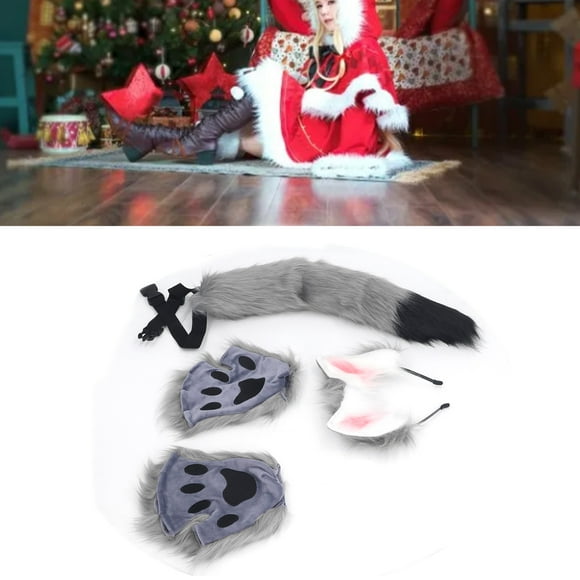 Plush Ear Paw Tail Set, High Simulation Faux Fur Cat Ear Tail Paw Set With Adjustable Fasteners For Cosplay Carnivals Birthdays Furry Tail