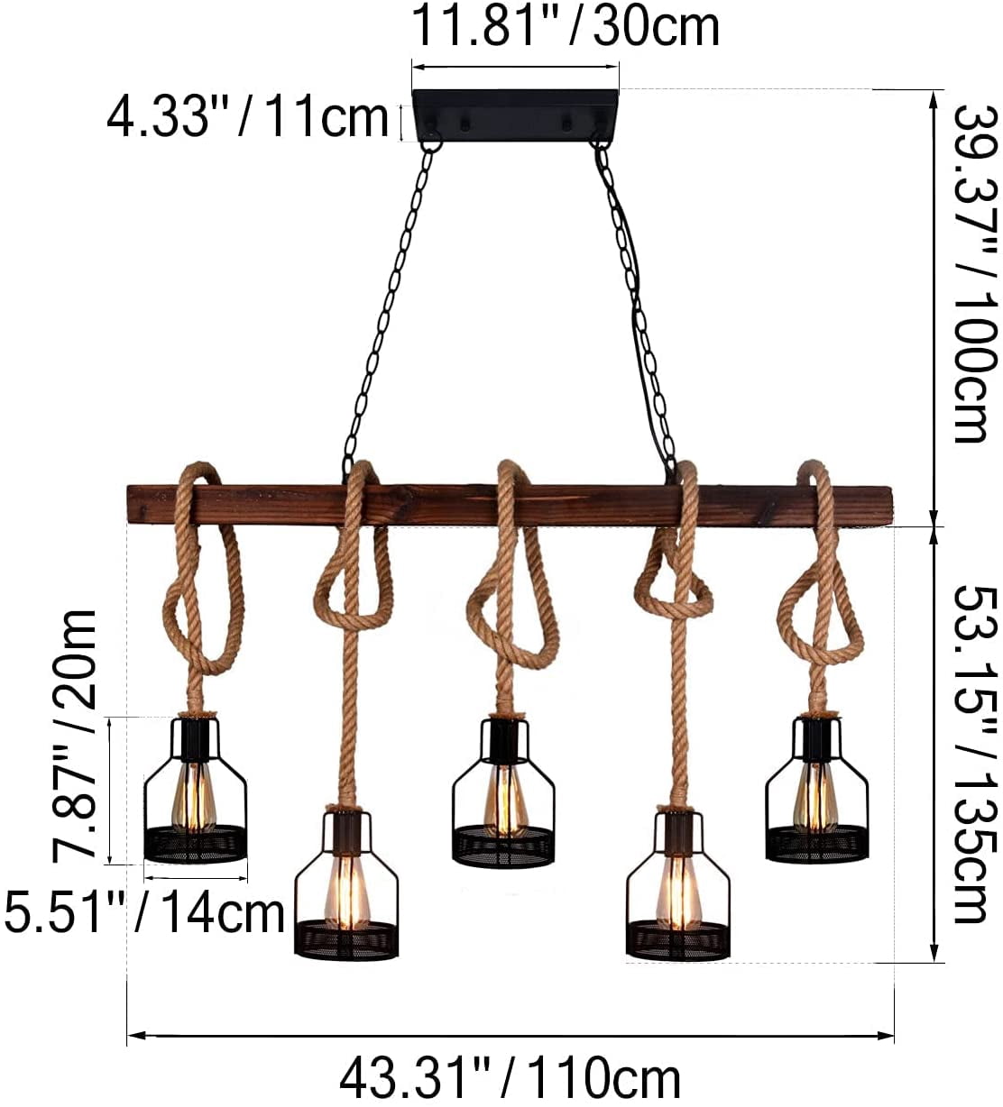 Arturesthome Pendant Lights Kitchen Island Kitchen Light Fixtures Rustic Dining Room Light Fixture with 5 E26 Bulb Sockets Black Metal and Wood Beam Chandelier Ceiling Pendant Light Fixtures