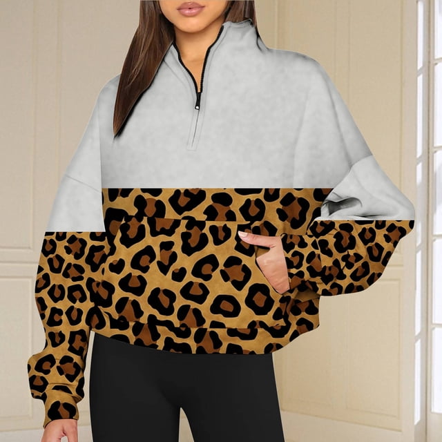 2023 Chandail en Molleton de Mode pour Femmes 50 % de Rabais Liquidation Mode Automne Hiver Imprimé Léopard Décontracté Sports Col Rond Survêtements Manches Longues Col à Revers Chandails à Capuchon à Fermeture Éclair