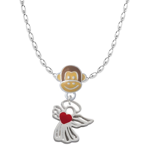 Delight Jewelry Silvertone Lined Angel with Red Heart Mia Monkey Charm Necklace