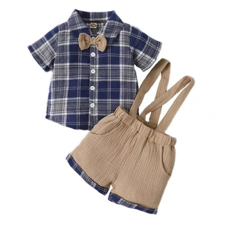 

OLLUISNEO Newborn Baby Boys Shorts Outfits Short Sleeves Plaid Top Suspender Shorts 2 PCS Set 3-6 Months