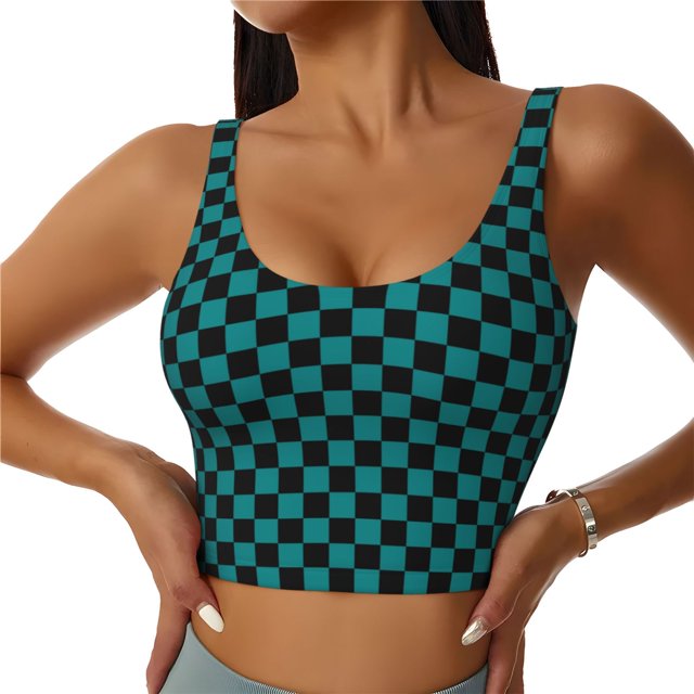 Fotbe Black And Teal Checkerboard Sujetador Deportivo Largo sin Aros para Mujer con Almohadillas y Soporte Medio, Transpirable y Absorbente, Camiseta Tipo Chaleco o Tank Top-XX-Large