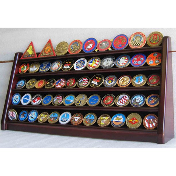 5 Rows Challenge Coin Holder Display Stand, Solid Wood, Mahogany Finish