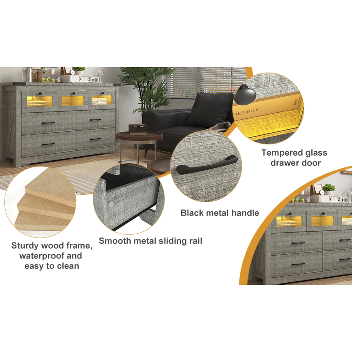Kepooman Chest of Drawers, 7 Drawer LED Dresser for Living Room, Nursery Dresser, Cement Grey Kepooman Chest of Drawers, 7 Drawer LED Dresser for Living Room, Nursery Dresser, Cement Grey